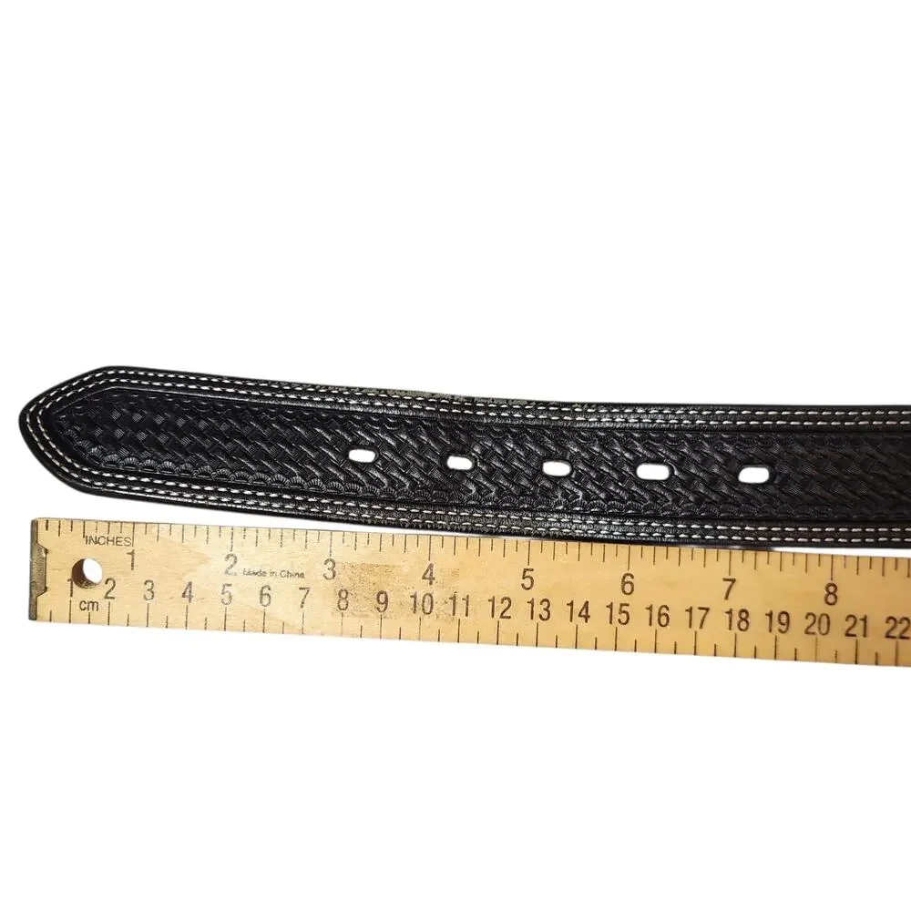 Cowboy chrome black leather western‎ belt 44 basket weave embossed white stitch